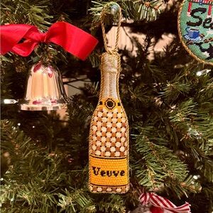 Hand-Stitched Needlepoint Ornament - Wicker Veuve Bottle